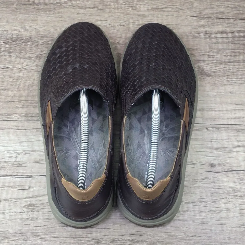 OluKai Lae'ahi Lauhala Men's Size 9M Brown Woven Leather Slip-On Casual Shoes